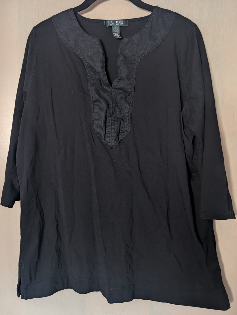 Lauren Ralph Lauren Black Cotton And Linen Split Neck Tunic Top 1X